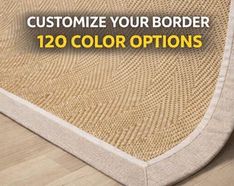 Light Brown Herringbone Sisal Rug: Handmade Fabric Border, Pet Friendly Woven Carpet