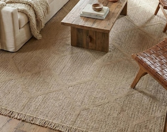 Beige Jute Area Rug, Boho Scandinavian Farmhouse Style, Custom Size