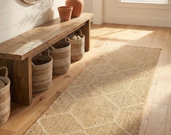 Beige Jute Area Rug, Boho Scandinavian Farmhouse Decor, Custom Size