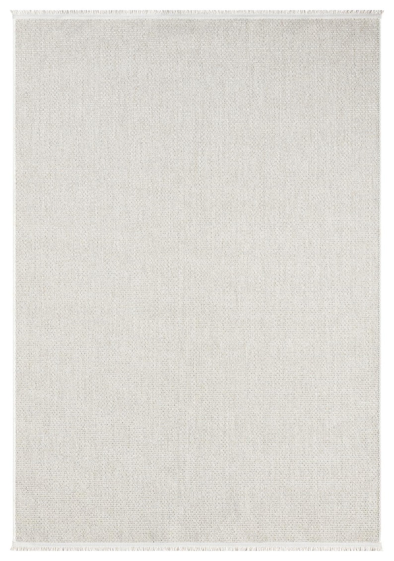 May include: A square, off-white rug with a textured surface and fringed edges. The rug has a woven appearance, suitable for indoor or outdoor use. The neutral color and simple design make it versatile for various decor styles.