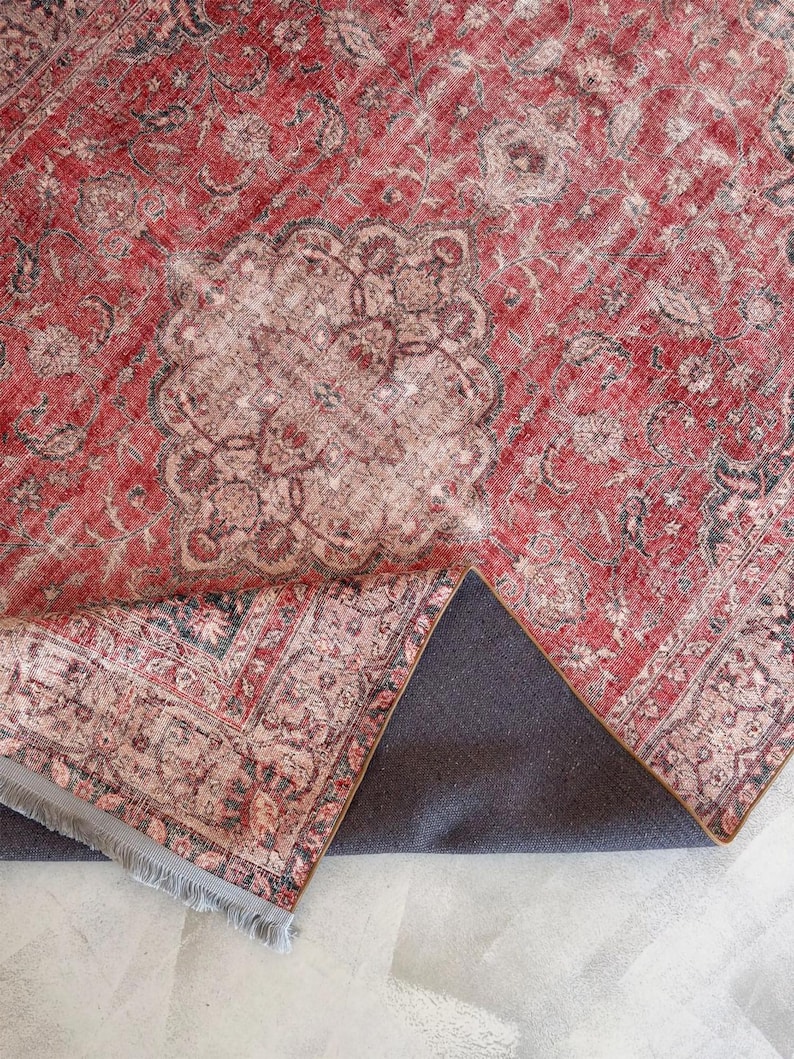 Deep Red Area Rug Vintage Red Oriental Rug: Distressed Floral Medallion, Washable Carpet ...