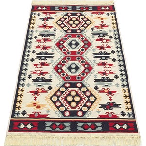 Red Beige Anatolian Kilim, Traditional Turkish Tribal Rug, Washable Non Slip Flatweave Carpet, Vintage Bohemian Home Decor