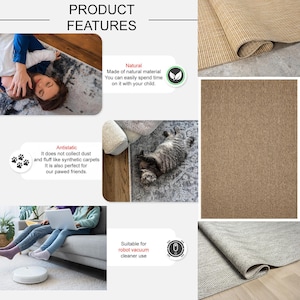 May include: The image showcases various rugs with different textures and colors. One rug is a light beige woven style, another is a solid medium brown, and a third has a patterned design. The image also highlights features like being antistatic and suitable for robot vacuum use.