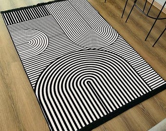 Black and White Area Rug: Modern Geometric Washable Carpet