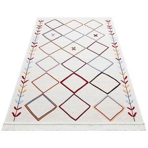 Cream Navy Boho Rug, Geometric Recycled Cotton Kilim, Washable Non Slip Flatweave Carpet, Moroccan Style Home Decor