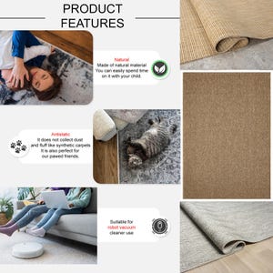 Puede incluir: La imagen muestra varias alfombras con diferentes texturas y colores. Una alfombra es de color beige claro tejido, otra es de color marr&oacute;n medio s&oacute;lido, y una tercera tiene un dise&ntilde;o estampado. La imagen tambi&eacute;n destaca caracter&iacute;sticas como ser antiest&aacute;tica y apta para aspiradoras robot.
