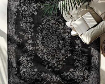 Gothic Black Anthracite Rug, Vintage Distressed Black Grey Carpet, 5mm Thin Chenille Area Rug, Dark Academia Decor, Medallion Area Rug