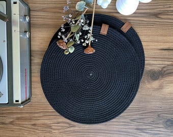 Black Jute Round Placemat Set: Handmade Rustic Farmhouse Table Decor
