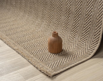 Herringbone Jute Area Rug, Beige Scandinavian Farmhouse Style, Custom Size