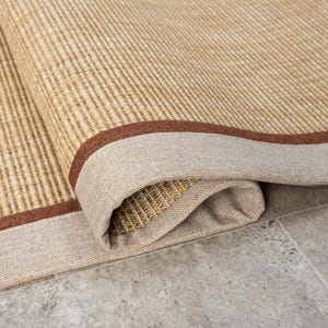 Beige Sisal Rug with Handmade Brown Accent Border, Custom Size Woven Carpet, Pet Friendly Durable Rug for Rustic and Modern Interiors