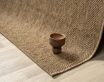 Brown Herringbone Sisal Rug – Indoor Outdoor Non-Shedding Easy Clean Flatweave Carpet