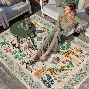 Tropischer Safari-Tierteppich mit farbenfrohem Dschungel-Design, waschbarer, leichter Chenille-Teppich für Kinderzimmer oder verspielte Wohnkultur