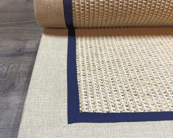 Handmade Sisal Rug with Navy Border, Coastal Woven Carpet, Custom Size