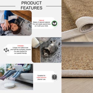 Puede incluir: Una alfombra de fibra natural con un borde beige claro. La alfombra est&aacute; hecha de material natural y es adecuada para el uso de aspiradoras robot. El texto "Antiest&aacute;tico" est&aacute; sobre un fondo blanco con un icono de huella de pata. El texto "Natural" est&aacute; sobre un fondo blanco con un icono de hoja verde. El texto "Adecuado para el uso de aspiradoras robot" est&aacute; sobre un fondo blanco con un icono de aspiradora robot.