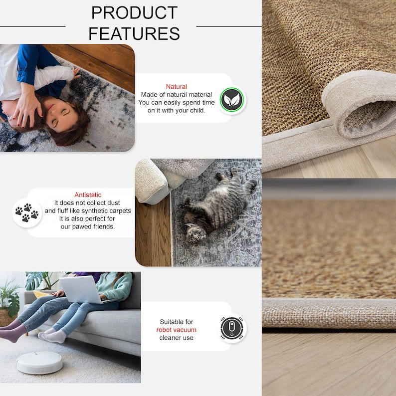 Puede incluir: Una alfombra de fibra natural con un borde beige claro. La alfombra est&aacute; hecha de material natural y es adecuada para el uso de aspiradoras robot. El texto "Antiest&aacute;tico" est&aacute; sobre un fondo blanco con un icono de huella de pata. El texto "Natural" est&aacute; sobre un fondo blanco con un icono de hoja verde. El texto "Adecuado para el uso de aspiradoras robot" est&aacute; sobre un fondo blanco con un icono de aspiradora robot.