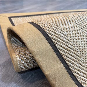 Herringbone Sisal Rug, Handmade Fabric Border, Custom Size, Pet-Friendly Scandinavian Boho Area Rug