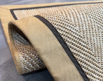 Herringbone Sisal Rug, Handmade Fabric Border, Custom Size, Pet-Friendly Scandinavian Boho Area Rug