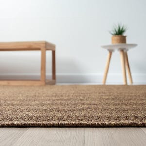 May include: A close-up of a brown woven rug with a textured surface. In the background, a wooden bench and a small side table with a plant in a woven pot are visible against a white wall. The rug is on a light wood floor.