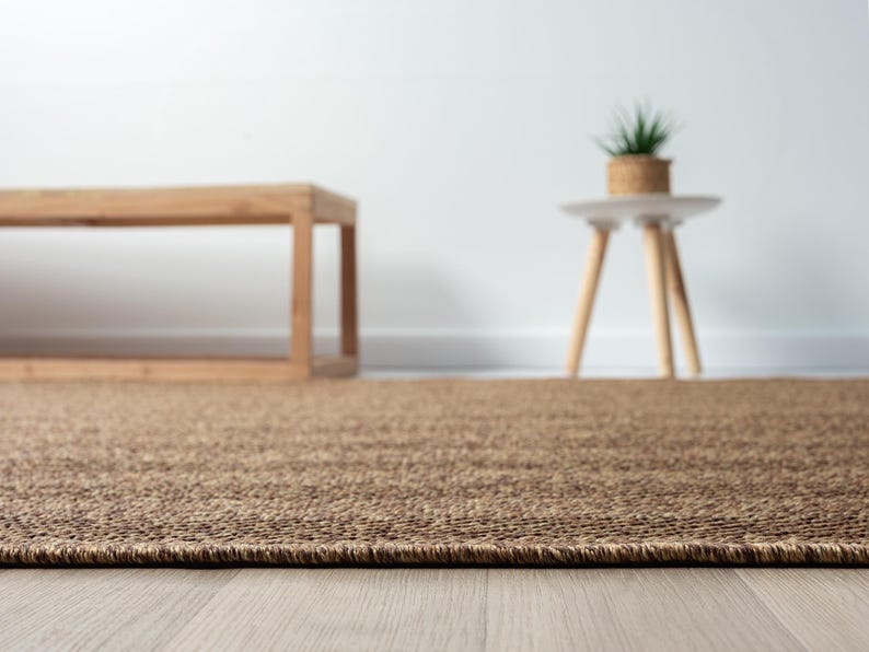 May include: A close-up of a brown woven rug with a textured surface. In the background, a wooden bench and a small side table with a plant in a woven pot are visible against a white wall. The rug is on a light wood floor.