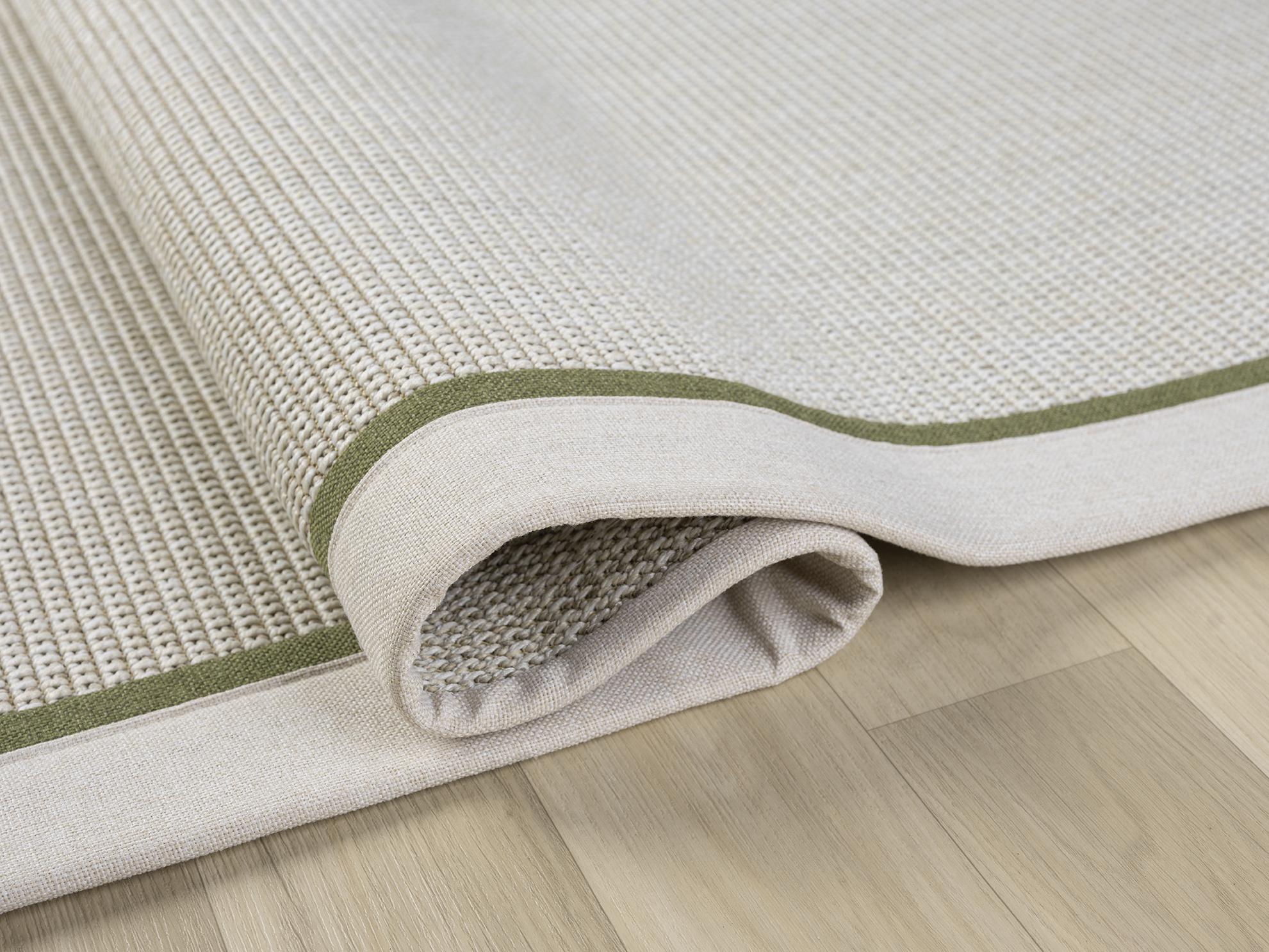 Alfombra de sisal color crema hecha a mano: borde doble verde claro, apta para mascotas