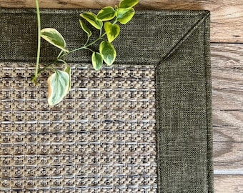 Rustic Sisal Rug: Handmade Olive Green Border, Custom Size