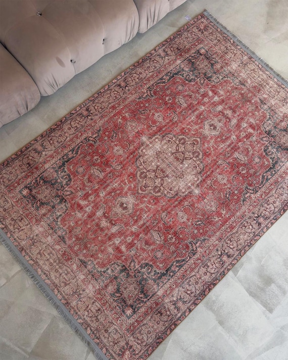 オリエンタルパターン 赤いラグ トライバル メダリオン柄 ヴィンテージ風 オリエンタル フリンジラグ