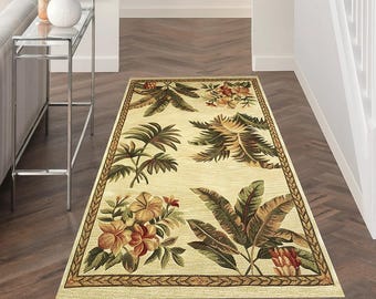 Alfombra con diseño floral tropical: Alfombra beige con hojas de palma