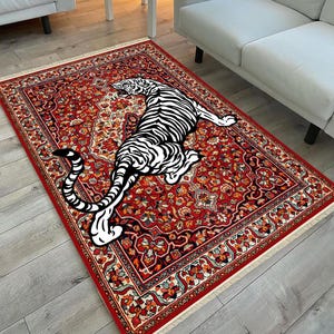 Bold Red Oriental Rug with White Tiger Illustration and Floral Motifs, Washable Lightweight Chenille Carpet for Maximalist Interiors
