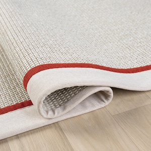 cream sisal rug, beige sisal rug, handmade border rug, red border rug, custom woven rug, natural fiber rug, pet friendly carpet, rustic home decor, durable sisal rug, modern area rug, easy clean floor rug, eco friendly sisal carpet, high quality woven rug