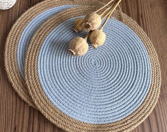 Light Blue Jute Placemat Set: Handmade Farmhouse Table Decor