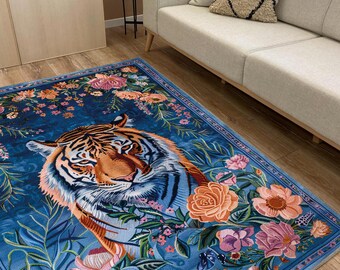Alfombra de chenilla con estampado floral de tigre: lavable, ligera y llamativa para interiores.