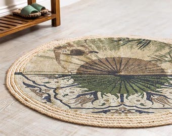 Handmade Jute Round Rug: Asian Umbrella Design, Boho Decor