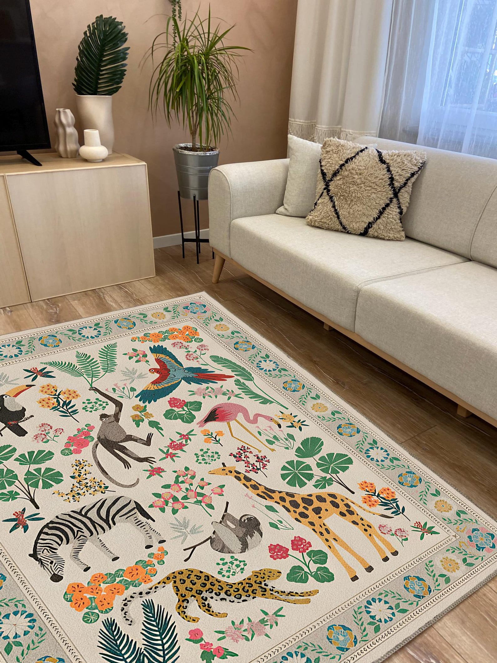 Tropical Safari Animal Rug: Washable Chenille Jungle Carpet - Etsy