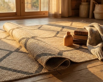 Beige Jute Area Rug, Geometric Boho Scandinavian Rug, Custom Size