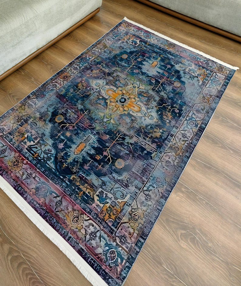 Distressed Blue Chenille Rug: Vintage Medallion Design, Washable Carpet ...