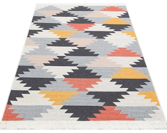 Multicolor Kilim Rug: Geometric Southwestern Recycled Cotton, Washable