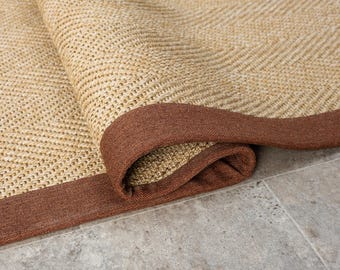 Beige Sisal Rug: Handmade Terracotta Border, Custom Woven Carpet