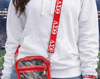 Delta Sigma Theta Clear Crossbody Bag | Stadium Approved Sorority Purse | Red Greek Letter Strap | Game Day & Event Bag
