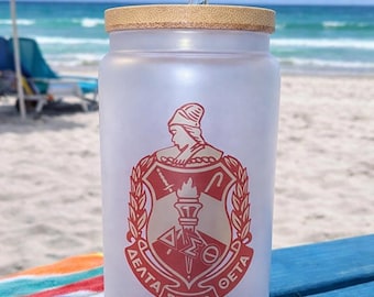 Personalized Delta Sigma Theta Glass Tumbler with Bamboo Lid & Straw | Custom DST Sorority Cup | Greek Gift
