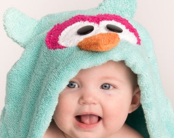 PERSONALIZED Girl Aqua Owl Hooded Towel