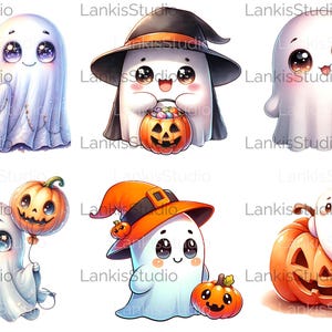 Skurrile Halloween-Geist-Clipart-Sammlung - Niedliche Charaktere mit Kürbissen und Hexenhüten für einen festlichen Spaß