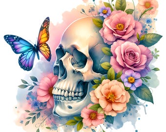 May include: A digital illustration of a human skull surrounded by colorful flowers and a butterfly. The skull is white with blue shading, and the flowers are pink, orange, and purple. A butterfly with blue, purple, and yellow wings hovers near the skull.