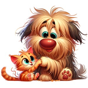 Whimsical Cartoon Dog and Playful Kitten Friendship Clipart for Instant Download - Perfect for Sublimation Designs
