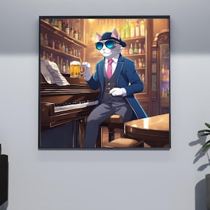 Jazz Cat-muurkunst – retro bar-pianoprint | Grappig loungedecor voor katten- en muziekliefhebbers | Cadeau voor haar