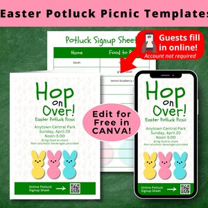 May include: A printable Easter potluck picnic invitation with a yellow, pink, and blue Peeps design. The invitation says "Hop on Over!" and includes the text "Anytown Central Park, Sunday, April 20, Noon-5:00, Bring food to share, Non-alcoholic beverages provided".