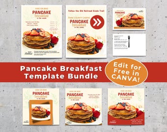 Sjablonen voor pannenkoekenontbijtinzamelingsactie | Canva-sjablonen voor pannenkoekenontbijt | Bewerkbare sjabloon | Sjabloonset: flyer, ansichtkaart, sociale media