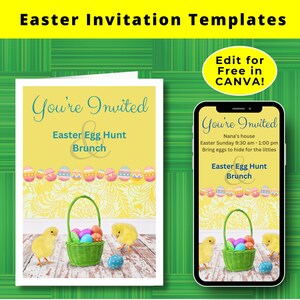イースター ブランチ エッグハント招待状 + デジタル Evite | Canva DIY テンプレート | 簡単に編集 + パーソナライズ | 愛らしいひよこのイースター バスケット