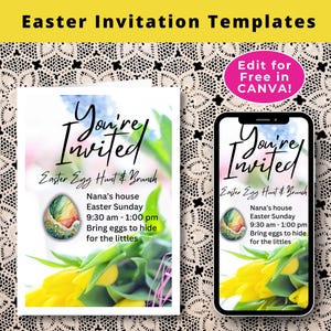Brunch uitnodigingskaart paaseieren zoeken digitaal Evite | Bewerkbare canva-sjabloon | Eenvoudig te personaliseren | Prachtige pastelgele tulpenbloemen