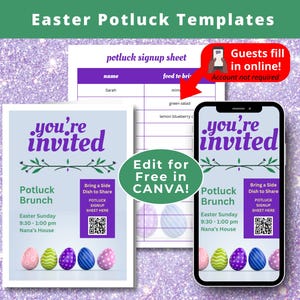 Osterbrunch-Einladungskarte | Digitales Evite | Online Potluck Signup Sheet | Party Planung | Bearbeitbare Canva Vorlage | Sterne Ostereier