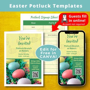 Könnte beinhalten: Eine druckbare Einladung zu einem Potluck-Brunch mit gelbem Hintergrund und einem Design aus Ostereiern in einem Nest. Der Text lautet "Sie sind eingeladen" und "Potluck-Brunch bei Nana". Die Einladung enthält das Datum und die Uhrzeit der Veranstaltung sowie einen QR-Code für ein Anmeldeformular.